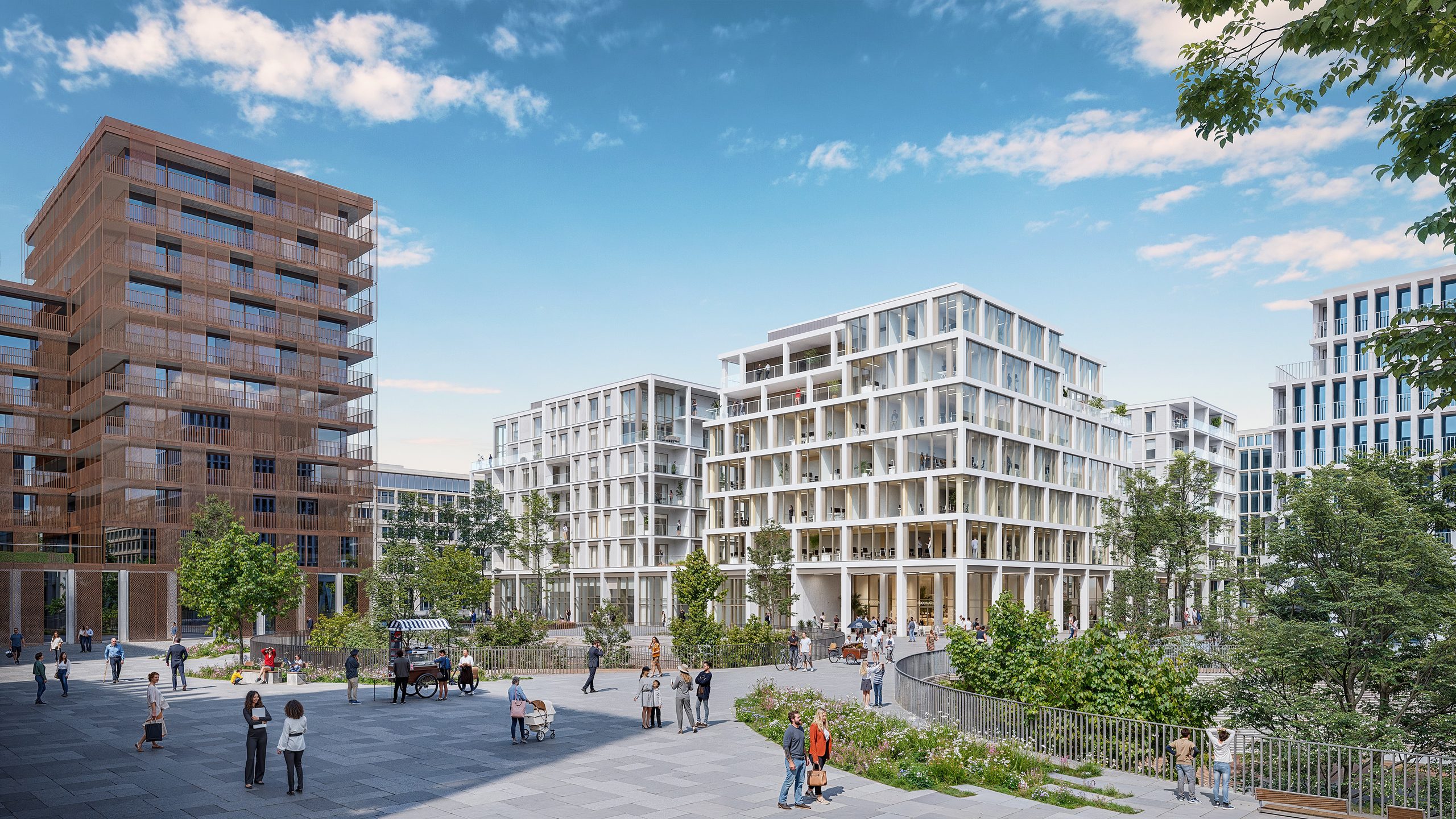 Vue du quartier ROOTS Belval : places, commerces et bâtiments bois